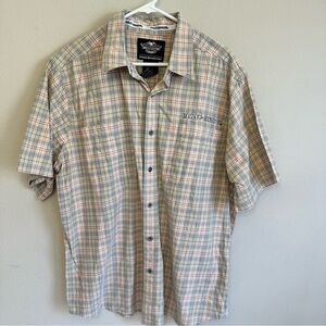 Harley Davidson Men’s XL Tan Orange Gray Plaid Short Sleeve Button Up Down Shirt